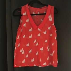 Red Chiffon Cat Printed Shirt